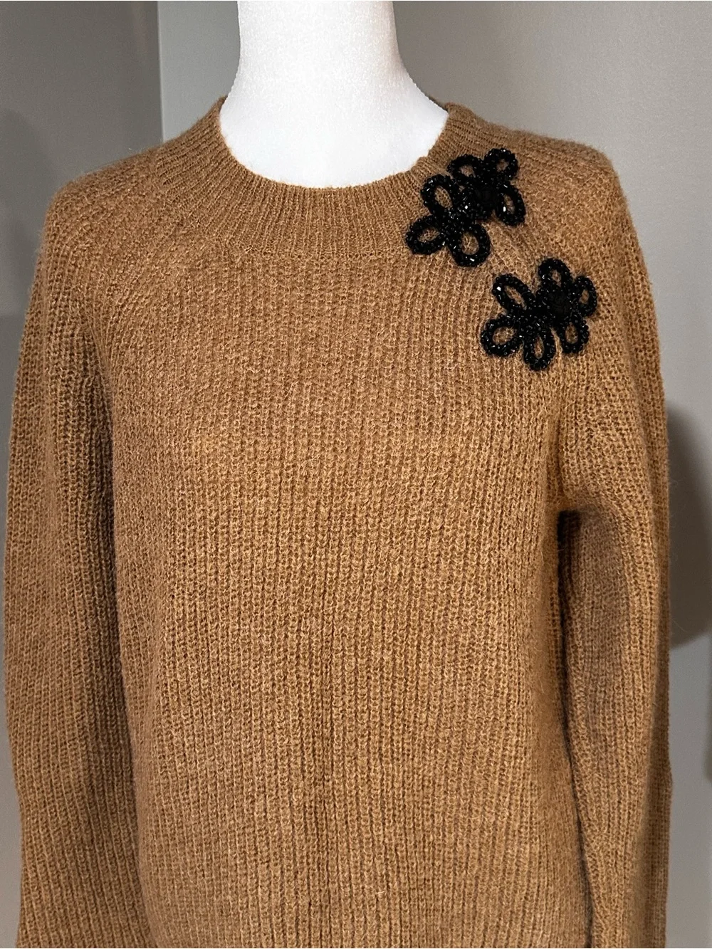 J. Crew Camel Brown Crewneck Sweater with Black Appliqué